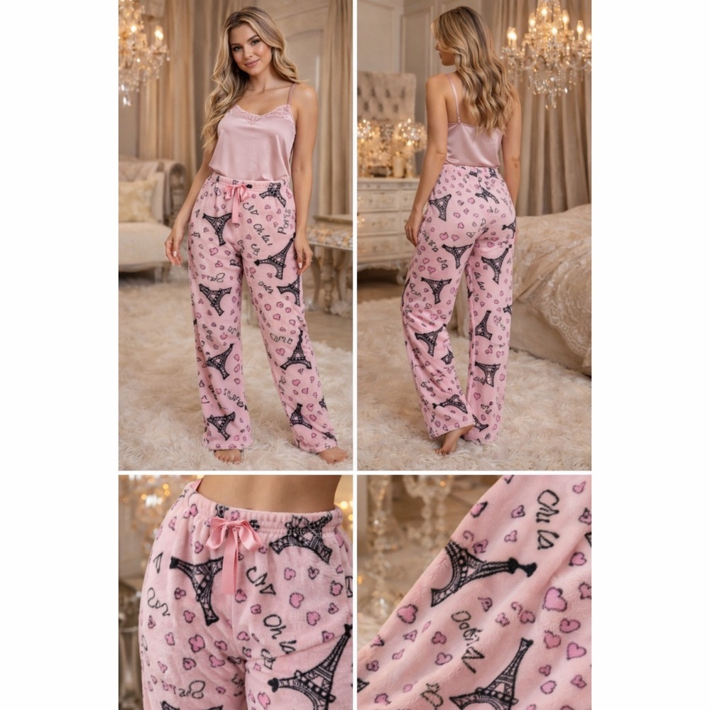 XL Silky Lace Trim Pink Pajama Set with Eiffel Tower Print